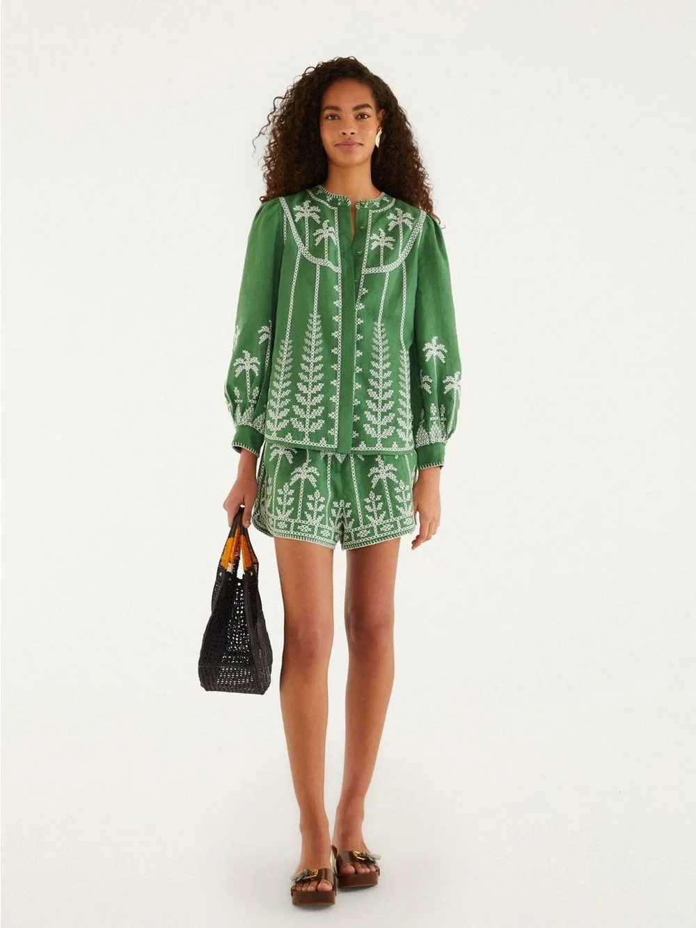 FARM Rio Bicolor Cross Stich Embroidery Blouse Long Sleeve Green XS NWT